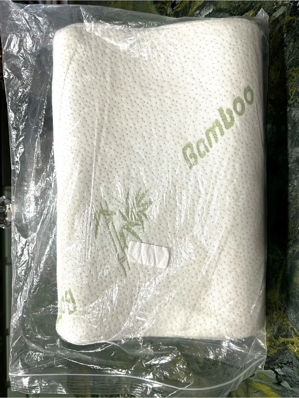 BAMBOO White Memory Foam Contour Pillow with Light Green Bamboo Print